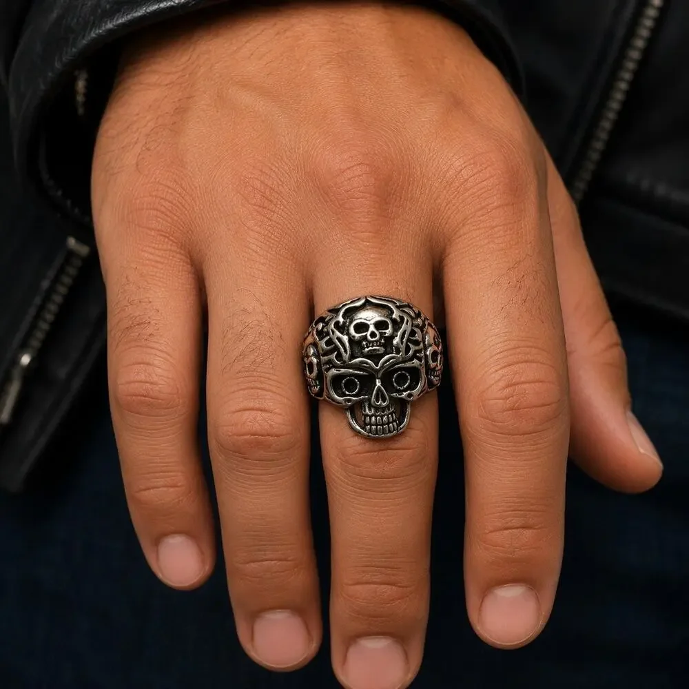 316L Stainless Steel silver gothic biker skull ring men’s size 9